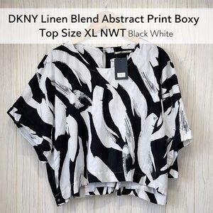 DKNY Linen Blend Abstract Print Boxy Top Size XL NWT Black White